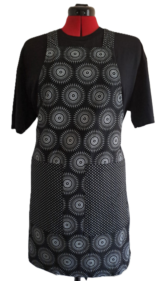 Black Cotton Shwe Shwe Apron - Big Spiral & Dotty African Print